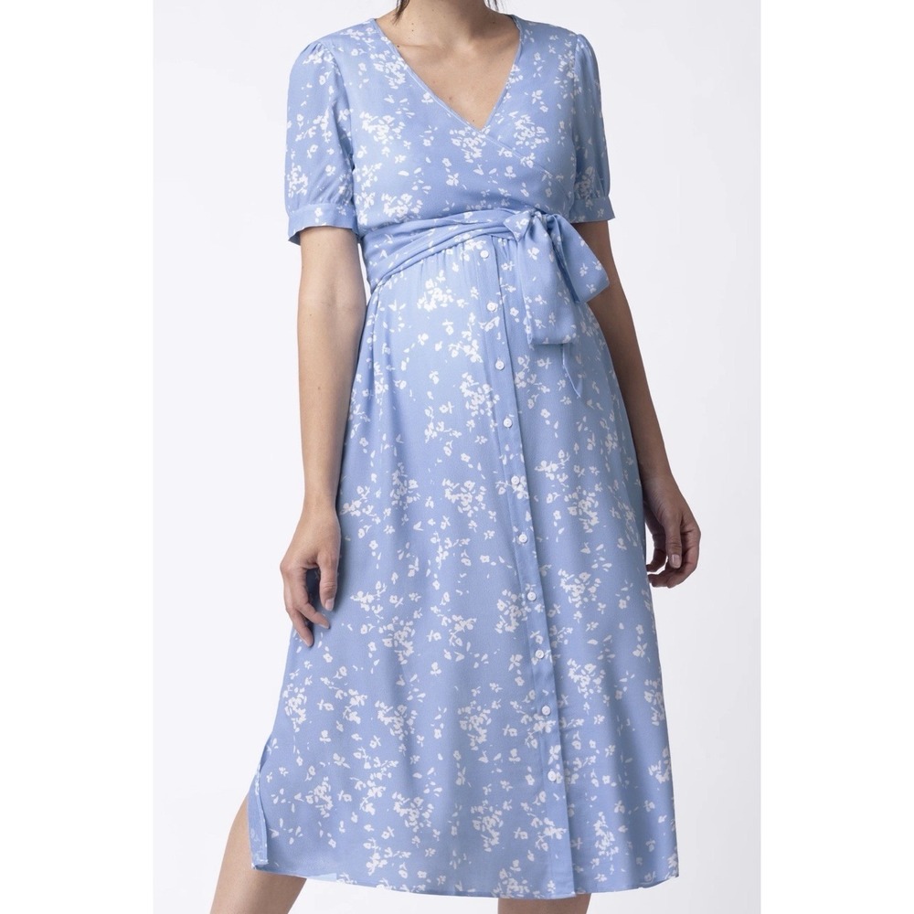 Seraphine Women's Maternity Nursing Dress Blue Floral Wrap Button Front Size 6